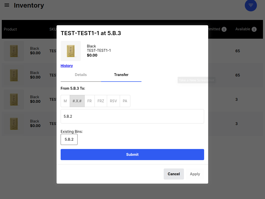 Screenshot showing a modal with details about inventory transfer.