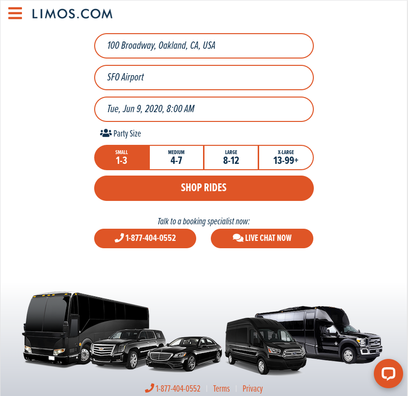 Screenshot of new Limos.com homepage